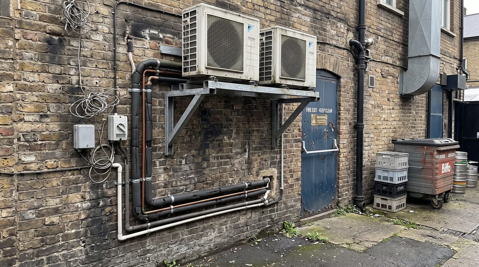 Commercial air conditioning condenser units outside an East London pub