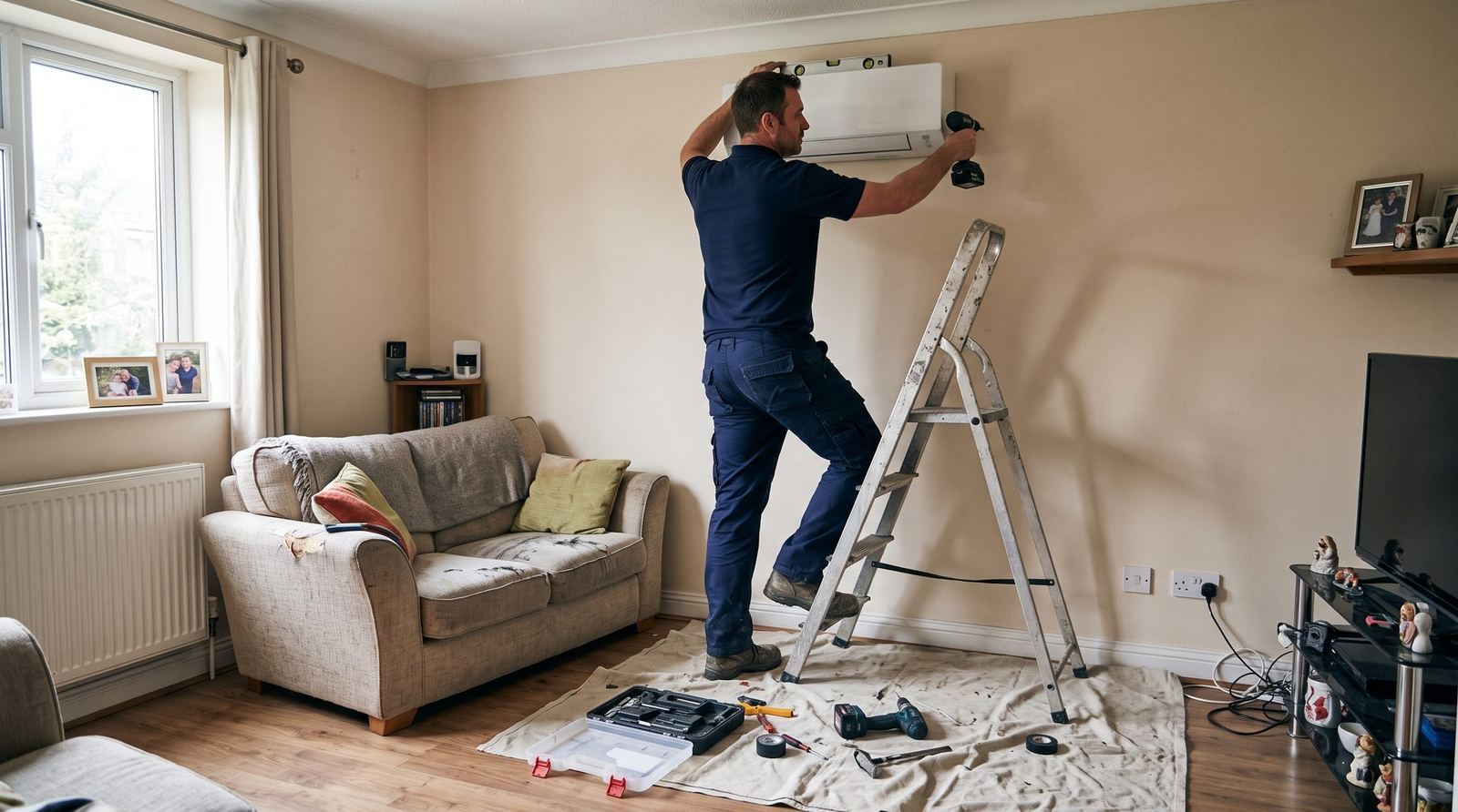 Engineer installing a wall-mounted split air conditioning unit in a British living room