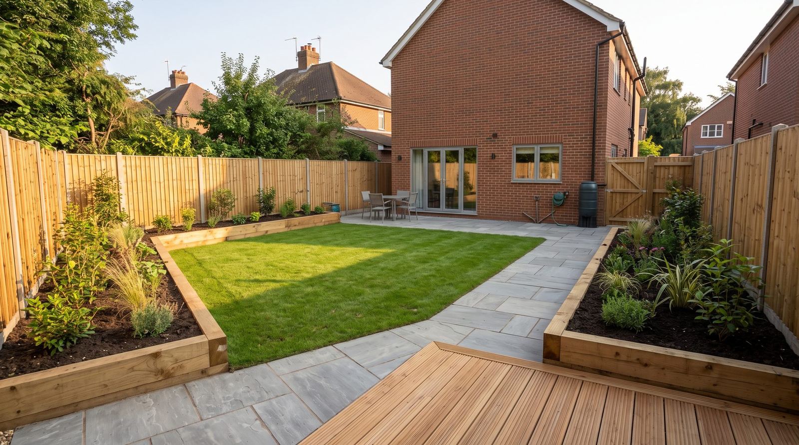 Completed garden landscaping with patio, decking and planting
