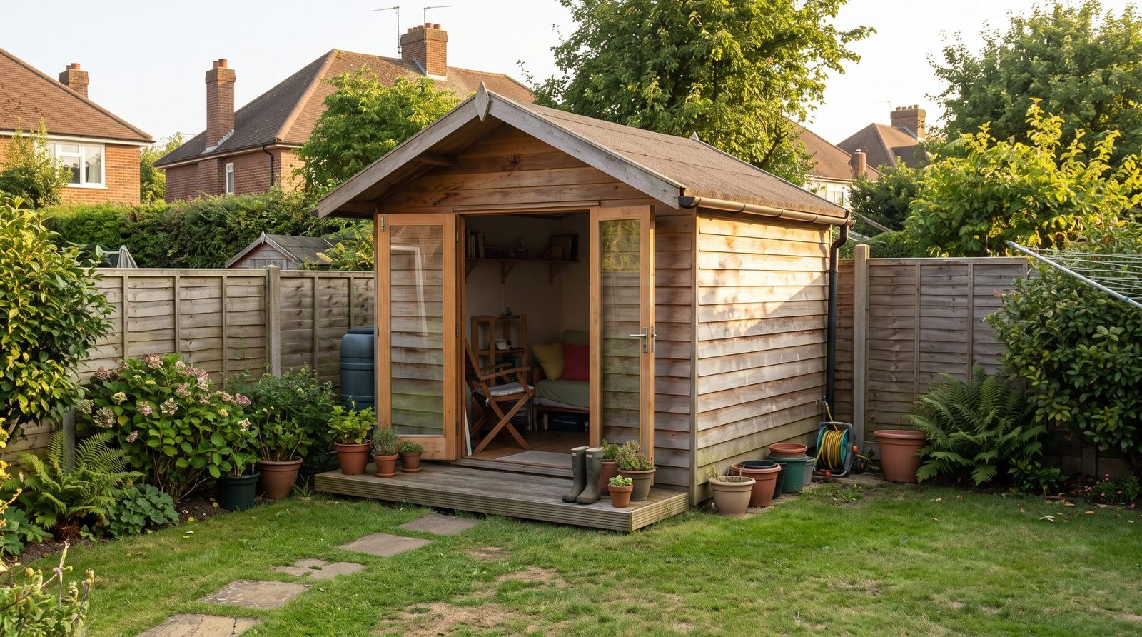 Cedar-clad timber summer house in an Essex back garden